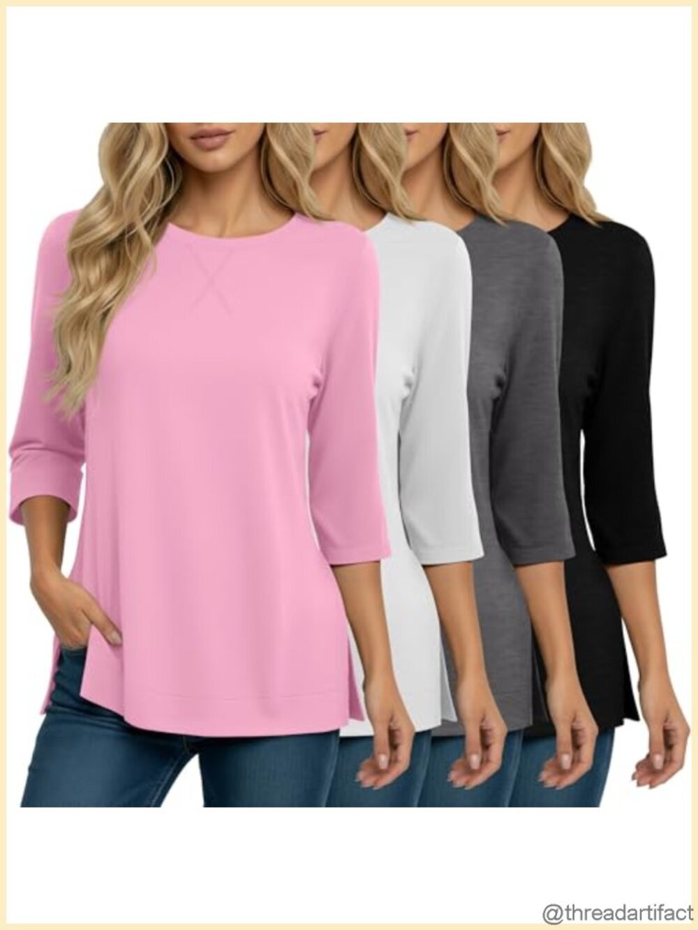 3/4 Sleeve Tunic Tops for Women 4 Pack Side Slit Loose Fit Round Neck